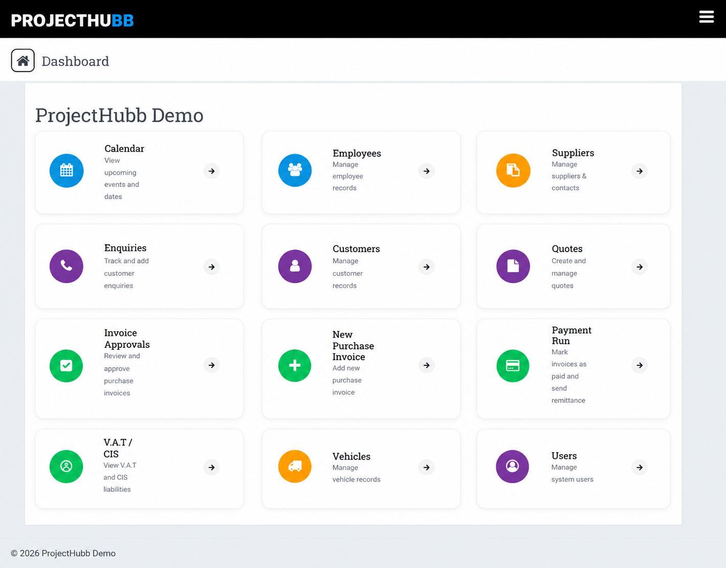 ProjectHubb dashboard showing enquiries, quotes, employees, suppliers, invoice approvals, VAT and CIS, vehicles and users in one place